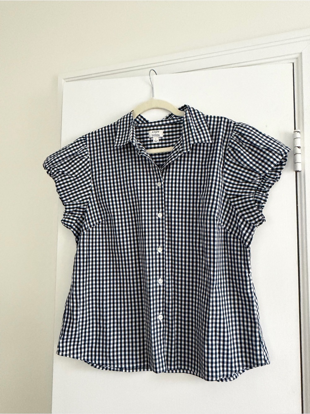 Navy and White Gingham Button-Front Short Sleeve Shirt